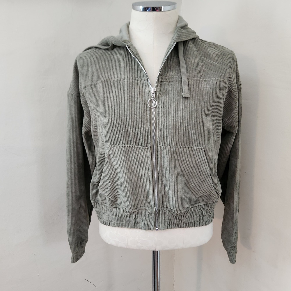No‎ Comment NY LA Sage Green Corduroy Zip Up Hoodie Cropped Jacket Small